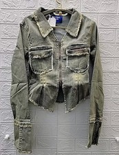 New Aelfric Eden Two Way Zipper Fringe Detail Denim Jacket Dust Blue Size Large