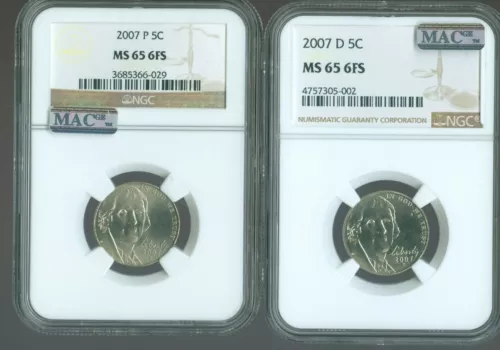 2007 P/D Jefferson Nickel 5C NGC MAC MS65 6FS Quality 2 Coins