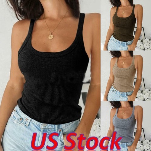 Women Ribbed Cami Vest Sleeveless Casual Stretchy Tank Tops Blouse Solid Color