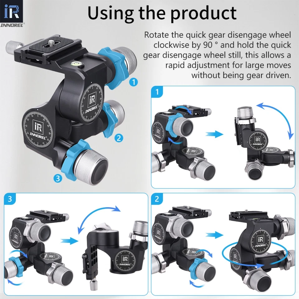 Cabezal de trípode engranado de 3 vías GR5 con placa QR tipo Arca microajuste milimétrico Foto 4 de 4