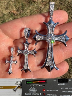 Iced MOISSANITE Gothic Cross Real 925 Silver Pendant Necklace Hearts Of Chromes