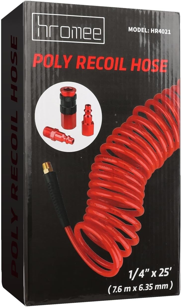 Self-Coiling 25ft Red Air Hose - Flexible Polyurethane with Quick Connect
