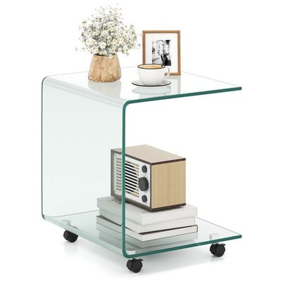 C-Shaped End Table w/2-tier shelf, 4 Swivel Lockable Wheels for Living Room