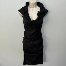 Xscape Dress Womens 6 Black Ruffle Bodycon Midi Cocktail Pinup Coquette Glam