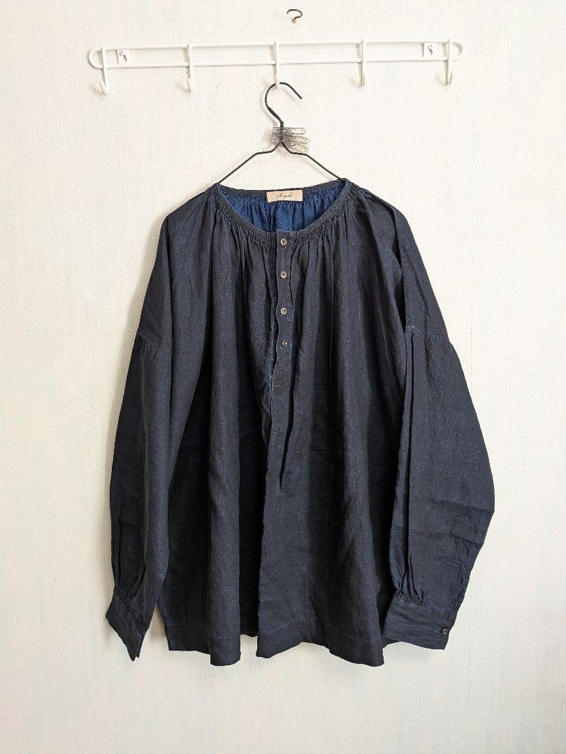 Ichi Antiques Linen Henley Neck Pullover Indigo L Size