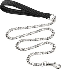 50" Heavy Duty Chrome Chain Dog Pet Leash w/ Black Leather Strap Strong Holding