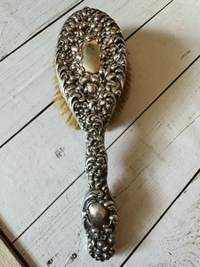 Antique Unger Bros Sterling Silver Hair Brush Heavy Floral Repoussé Monogram M