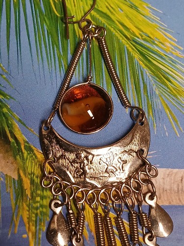 Silver Tone Dangling Chandelier Earrings with Round Glass Carnelian Swirl Color - Picture 6 of 11