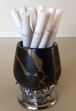 RONSON ~ Vtg. 3” Cigarette Holder ~ Marble/Onyx W/ Chrome Vase ~ Circa 1950’s 