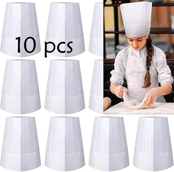 10 Pcs 9" Tall Disposable White Paper Chef Hat Adjustable Toque Kitchen