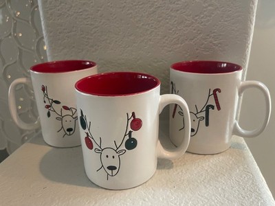 Set of 3 Coffee Mugs by Rudy B&A White red  Reindeer