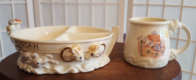 Lenox Noah Ark Childs Divided Bowl and Cup Set Bas-Relief Animals Discontinued