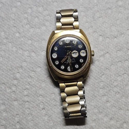 Vintage Marlin Timex Automatic Day-Date Watch | Runs | Gold Tone | Blue Dial