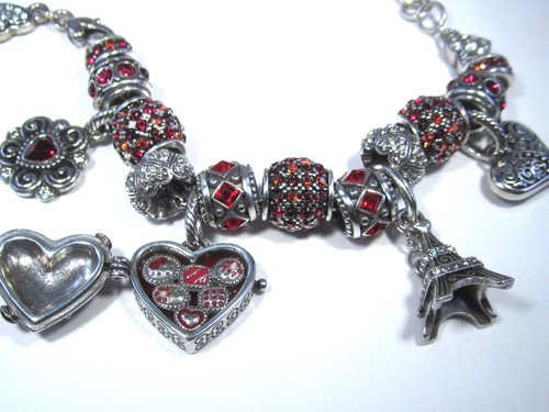 Brighton Double Heart Silver & Red Crystal Voyage Paris Slide Charm Bracelet - Picture 14 of 14