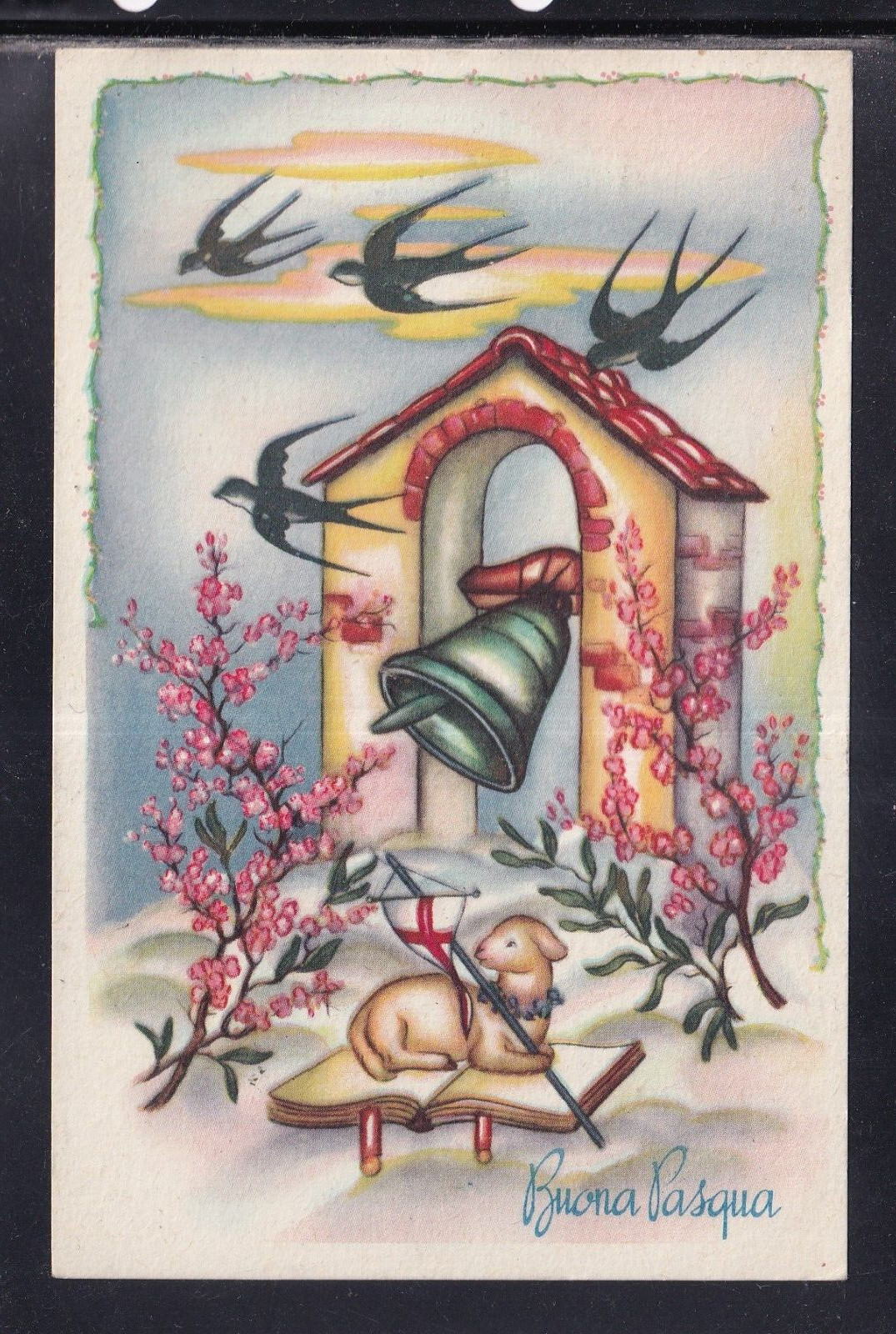 Cartolina Buona Pasqua Agnello Rondini Campana Fiori ZB874