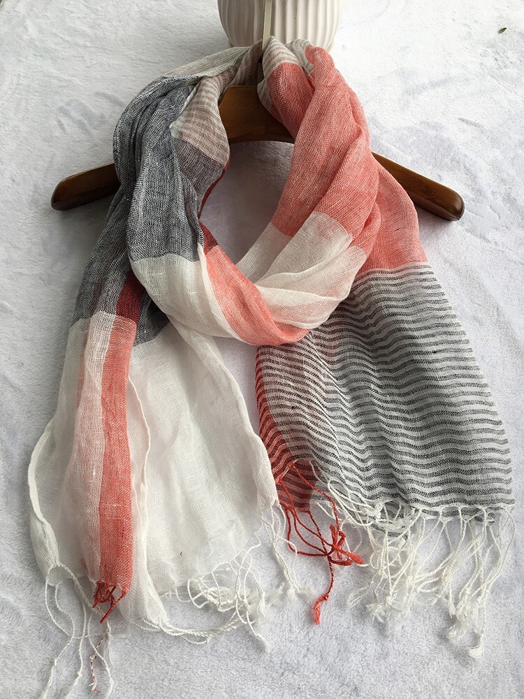 Soft Check Tassels Ladies Lightweight Fashionable Linen Cotton Scarves