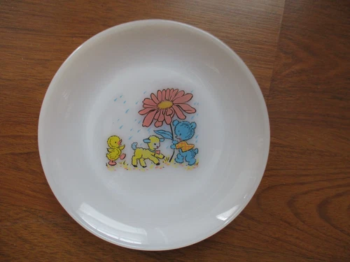VINTAGE FIRE KING Oven Ware Child's Plate Flower, Blue Bear, Lamb, Duck, 7 1/4"