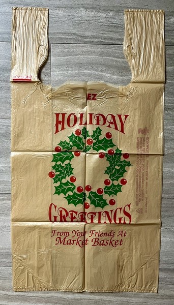 "Bolsa de compras de plástico de 22""x12"" vintage Market Basket Holiday Greetings Christmas"