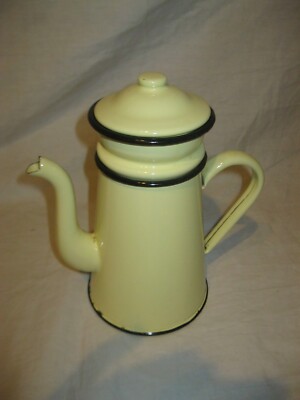 ☕️ Retro 60s Ancienne CAFETIÈRE COMPLÈTE en TÔLE ÉMAILLÉE JAUNE VIntage  Café