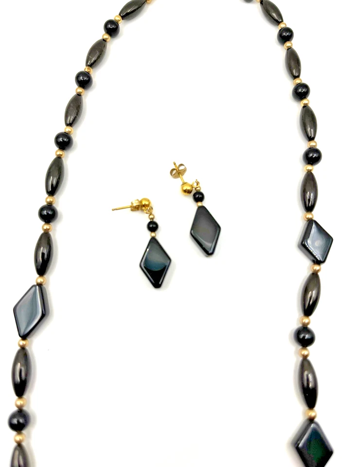 Conjunto de collar y pendiente negro Art Deco bisutería cadena en tono dorado diamante Foto 2 de 3