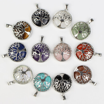 12pcs Natural Stone Crystal Quartz Tree of Life Pendants Reiki Healing Amulet