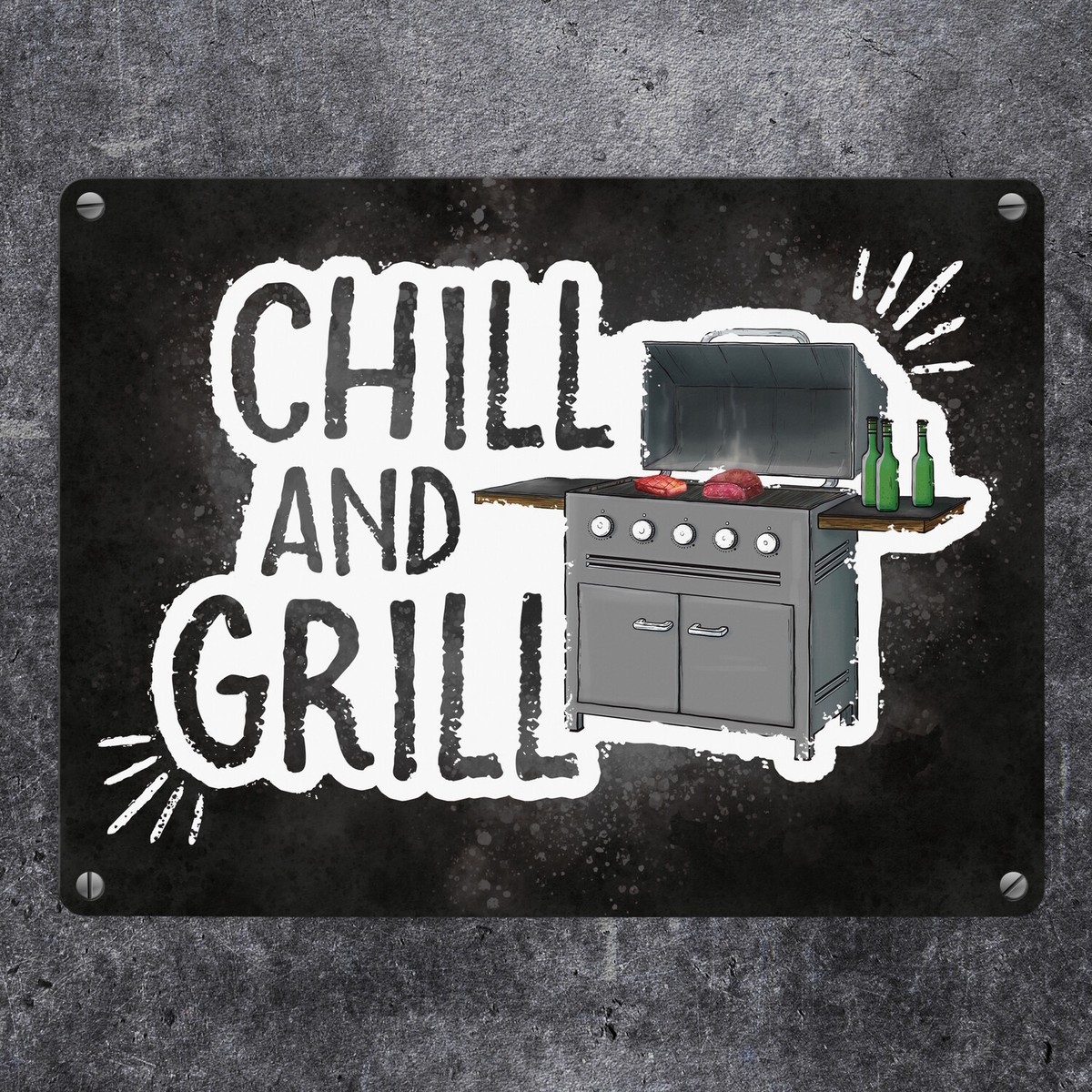 Metallschild 'Chill And Grill' Mit Elektrogrill-Motiv – 21x28 Cm, Aluminium, Humorvolle Gartendeko