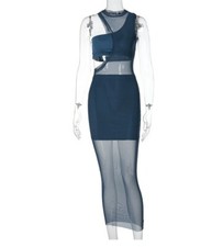 Women Sleeveless Mesh Patchwork 3PC Set Fashion  Club Wear Maxi  Dress #B