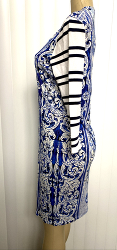 Roberto Cavalli Dress Blue Bird Floral 3/4 Sleeve Crew Neck Sheath Knee 48 12 - Picture 2 of 13