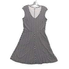 New York & Company Knit Dress Stretch Pockets Black White Geometric M