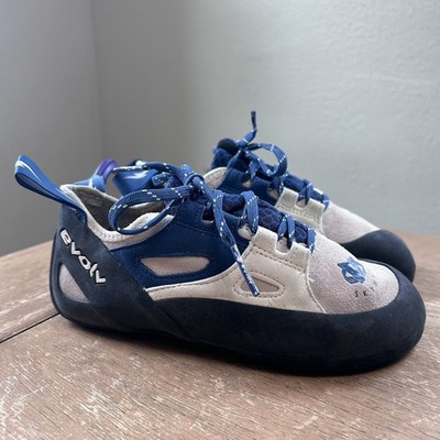 Evolv Skyhawk Rock Climbing Shoes Women s 6 Blue Gray Rubber Track Sole USA MADE
