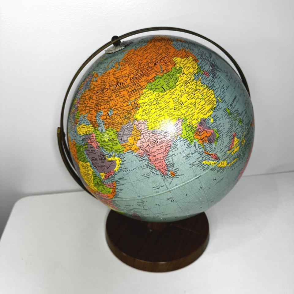 Vintage Cold War Era 12" World Globe Wood Base USSR Ceylon Mid Century