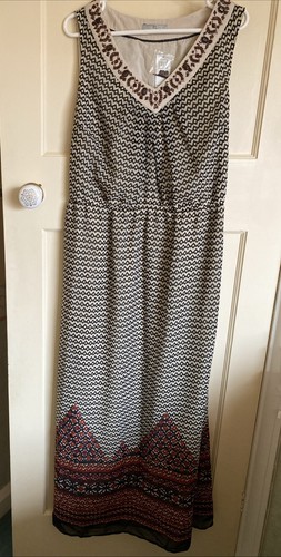 Tu Black Beige & Rust Sleeveless Maxi Dress Hand Beaded Neck Size 20 New + Tags - Picture 1 of 8