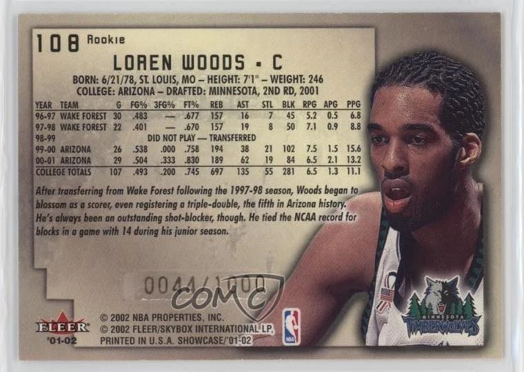 2001-02 Fleer Showcase Rookie /1000 Loren Woods #108 Rookie RC - Image 2 of 2