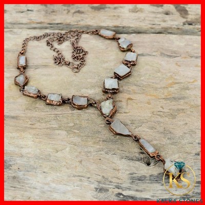 Copper Natural Rainbow Moonstone Rough Sister Boho Electroformed Chain Necklace