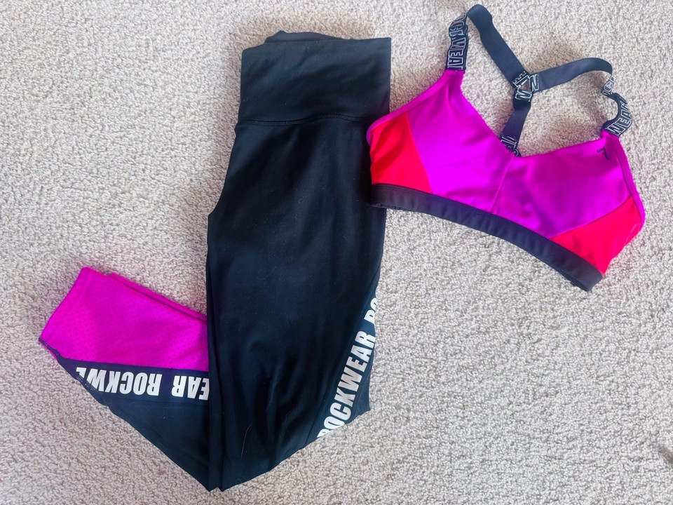 Rockwear Women’s 2pc Activewear Set Size 10 Sports Bra & Legging Sz12 Pink Black