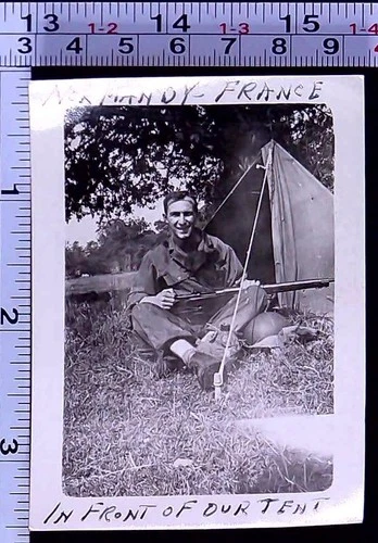 WW2 Era Soldier Cleaning Rifle Normandy France Military BW Photo Snapshot