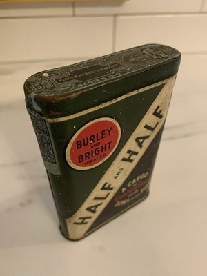   Vintage HALF AND HALF Tobacco Pocket Tin BURLEY AND BRIGHT Tax Stamp on Lid 