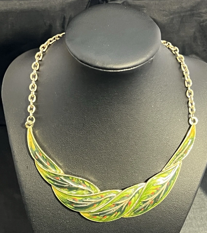 Эмаль листья нагрудник заявление ожерелье золотистый зеленый красный праздник Рождество - Изображение 3 из 4