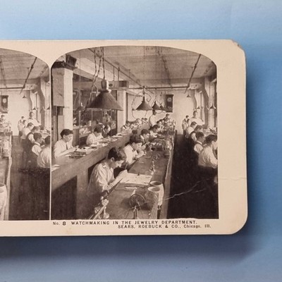 Chicago IL Stereoview um 1900 USA Sears Rehbock Uhr Werkstatt Horologie
