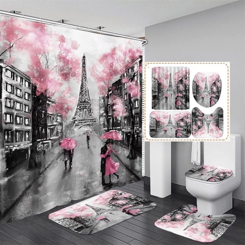 4Pcs Paris Eiffel Tower Pink Shower Curtain Sets Bathroom Set Decor with Non-...