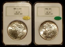 1881-S Morgan Dollar NGC MS63 GOLD CAC, 1886 Morgan $1 NGC MS62 CAC, Gen 3 Pair!