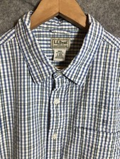 L.L.Bean Shirt Large Blue Check Gingham Short Sleeve Cotton Casual Seersucker