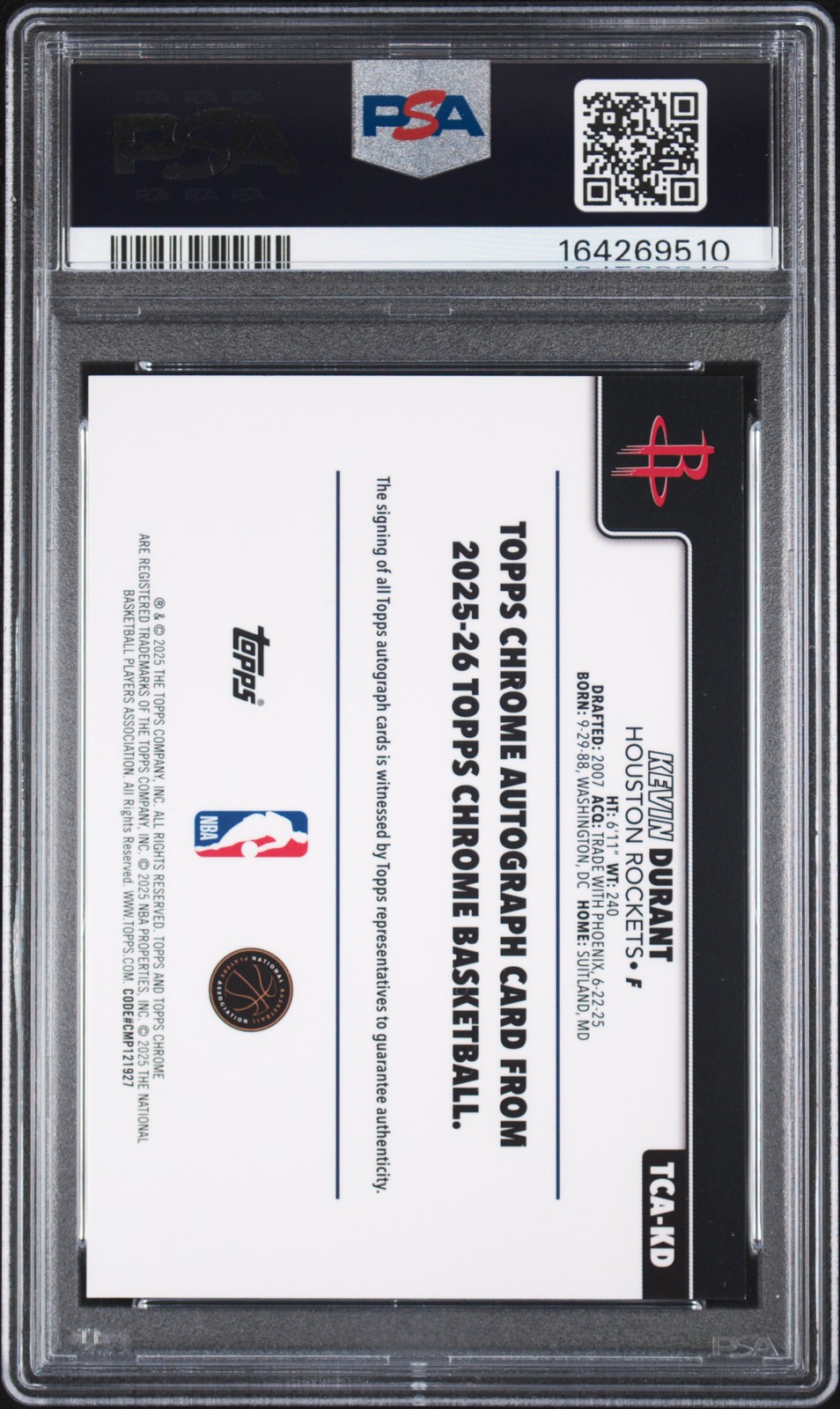 2025 TOPPS CHROME CHROME AUTO GOLD REFRACTOR KEVIN DURANT 16/50 PSA 10 AUTO 9 view 2