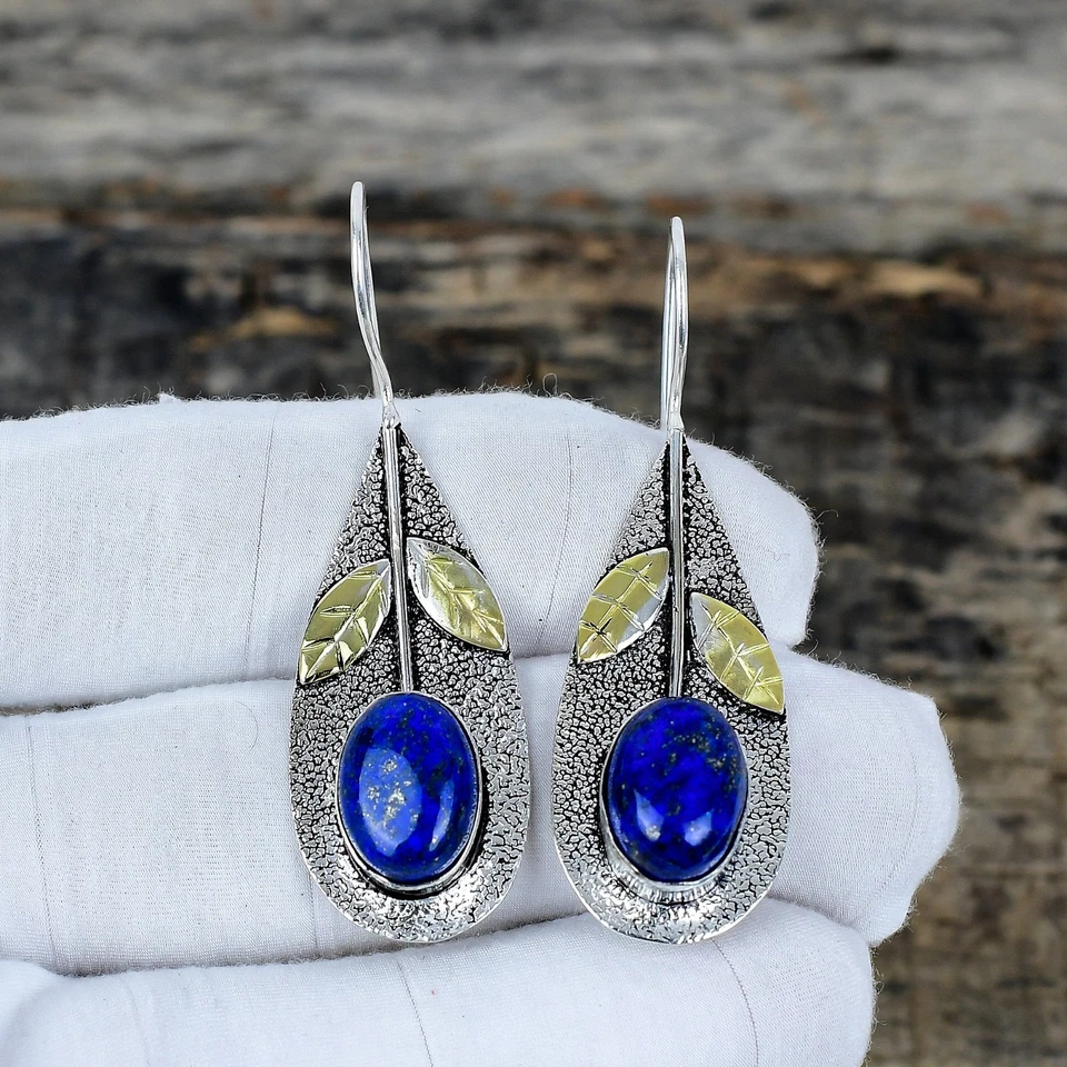 Naturale Lapislazzuli Gemma Fatto a Mano 925 Argento Sterling Gioielli Orecchini - Immagine 4 di 4