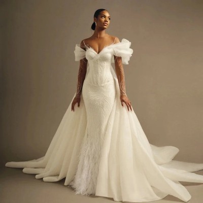 Luxury Mermaid Wedding Dresses Long Sleeves Detachable Train Feather Bridal  Gown | eBay