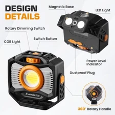 EverBrite 2000LM Rechargeable Magnetic COB LED Work Light 7 Modes 360° Rotatable