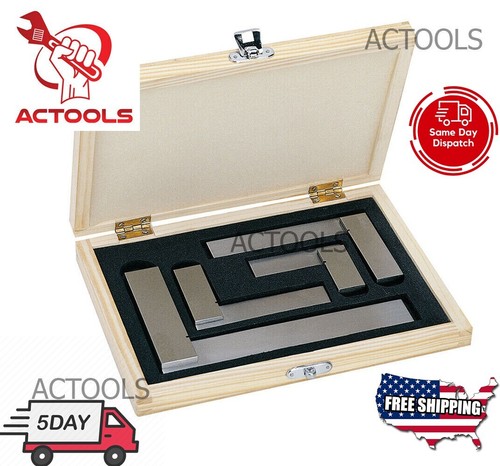 NEW 2 3 4 & 6 Inch Engineers Square 4pc Set Squares In Wooden Case Try Square - Picture 2 of 11