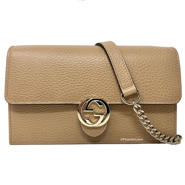 NEW Gucci Beige Interlocking G Clutch Wallet Chain Crossbody Shoulder
