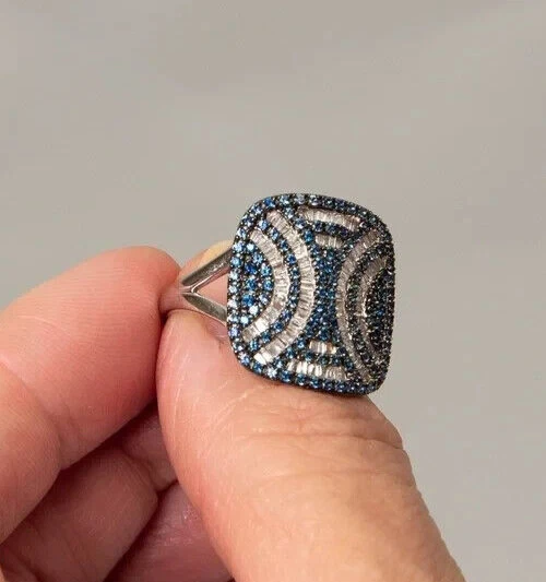 Rarities Womens Sterling Silver Diamond & Sapphire Art Deco Cocktail Ring Size 8 - Image 2 of 4