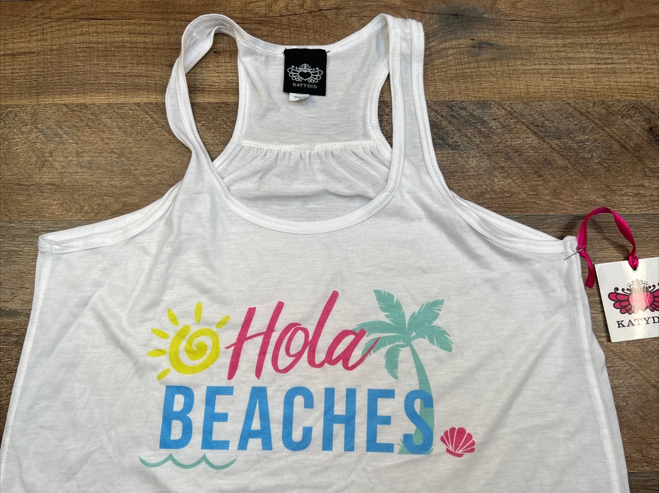 Camiseta KATYDID Tanque Sin Mangas Blanca "Hola Beaches" Sol Palmera Nuevas Etiquetas Nueva Con Etiquetas Foto 3 de 4